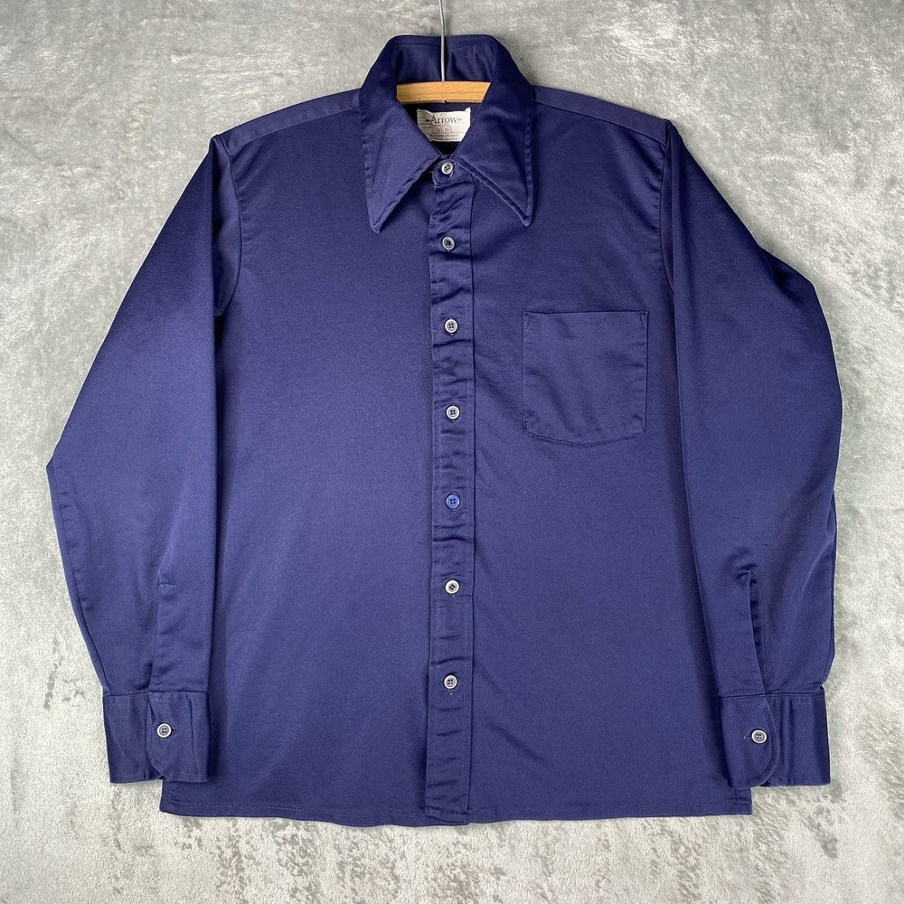 Vintage 70s Arrow Scrambler Knit Shirt Mens M Blue Button Up Pocket Polyester